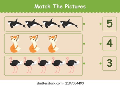 Education game for kids count and match count the number of cute cartoon animal. Kids puzzle concept. Flat vector illustration isolated.