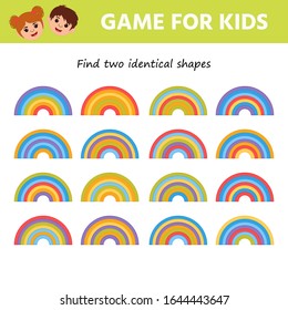 Education game for kids development of logic iq. Find two identical shapes.  Kids activity sheet. Children funny riddle entertainment