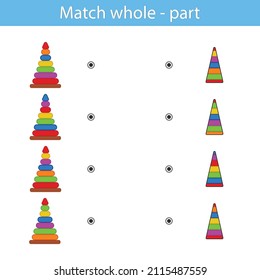 Education game for kids development of logic iq. Kids activity sheet. Find Match whole - part. Children funny riddle entertainment. Vector illustration