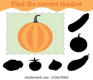 Education. Game for kids. Find the correct shadow of pumpkin. Vector illustration.