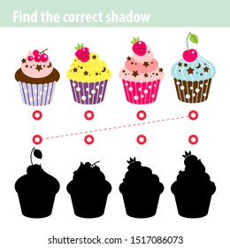 Education game for kids. Find  the correct shadow. Cupcake with berries.