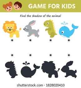 Education game for kids. Find the shadow of the animal. Preschool worksheet activity. Children funny riddle entertainment. Vector illustration