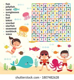 Education game for kids, Word search puzzle activity, kid and sea life, Vector flat style illustration