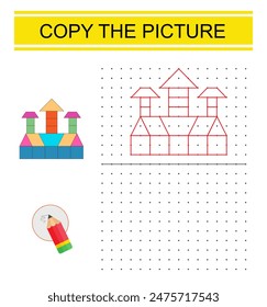 Education game for preschool kids. Copy the cartoon fortress picture by connecting the dot. Dot to dot copy practice. 