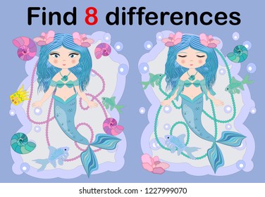 Education game for preschool kids, find the differences. Beautiful mermaid with a string of pearls. Cartoon illustration.