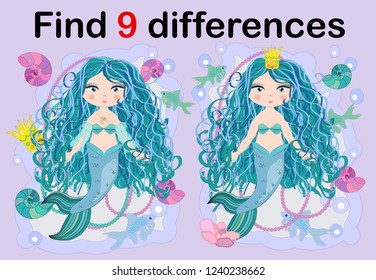 Education game for preschool kids, find the differences. Beautiful mermaid with a string of pearls. Cartoon illustration.