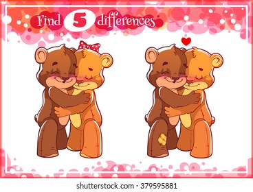 Education game for preschool kids, find the differences. Two cute enamored bears. Cartoon vector illustration.