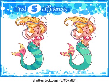 Education game for preschool kids, find the differences. Beautiful mermaid with a string of pearls. Cartoon vector illustration.