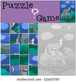 Education game: Puzzle. Cute beautiful wolf stands on the stone and howling at the moon.