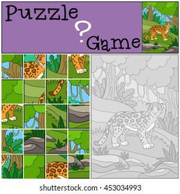 Education game: Puzzle. Cute jaguar stands in the forest.
