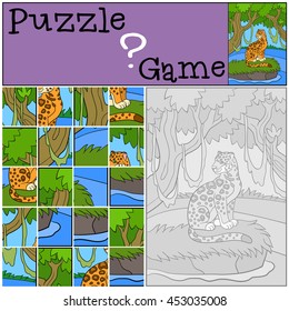 Education game: Puzzle. Cute jaguar sits on the grass in the forest and smiles.