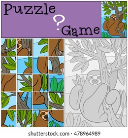 Education game: Puzzle. Cute lazy sloth hangs on the tree branch and smiles.