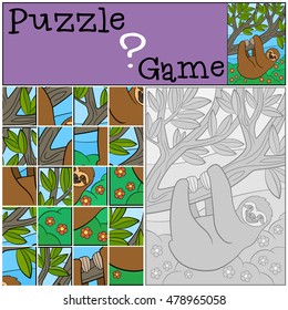 Education game: Puzzle. Cute lazy sloth hangs on the tree branch and smiles.