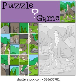 Education game: Puzzle. Father wolf howls with his little cute babies.
