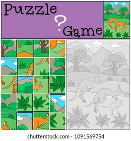 Education game: Puzzle. The kangaroo family runs and smiles.