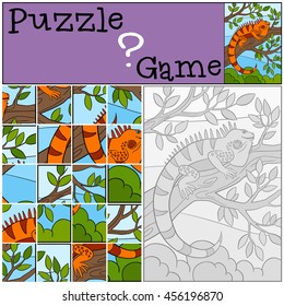 Education game: Puzzle. Little cute iguana sits on the tree branch and smiles.