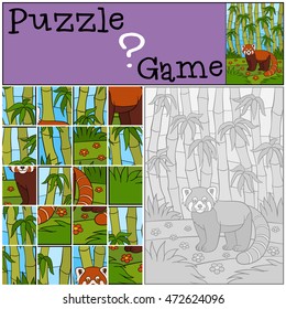 Education game: Puzzle. Little cute red panda stands in the bamboo forest and smiles.