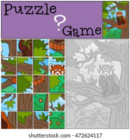 Education game: Puzzle. Little cute red panda sits on the tree branch and eats leaves.