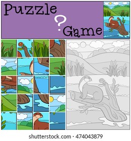 Education game: Puzzle. Little cute otter sits on the tree branch in the river and looks at the flower.