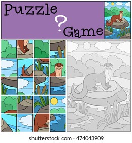 Education game: Puzzle. Little cute otter stands on the stone in the river and smiles.