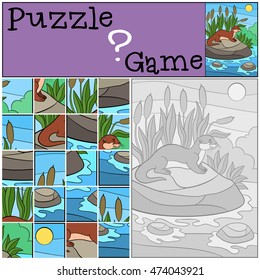 Education game: Puzzle. Little cute otter stands on the stone in the river and smiles.