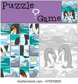 Education game: Puzzle. Mother and father penguin look at the egg and smile.