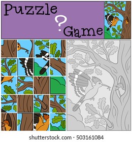 Education game: Puzzle. Mother hoopoe feeds her little cute baby.