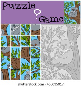 Education game: Puzzle. Mother koala sits on the tree branch with her little cute baby and smiles.