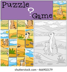 Education game: Puzzle. Mother meerkat with her little cute baby stand in the desert.