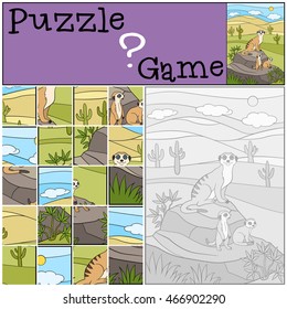 Education game: Puzzle. Mother meerkat sits with her little cute babies on the stone and smiles.