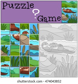 Education game: Puzzle. Mother otter swims with her sleeping cute baby in the river and smiles.