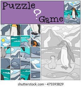 Education game: Puzzle  Mother penguin and her little cute baby 