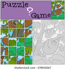 Education game: Puzzle. Mother sloth with her little cute baby hang on the tree branch and smile.