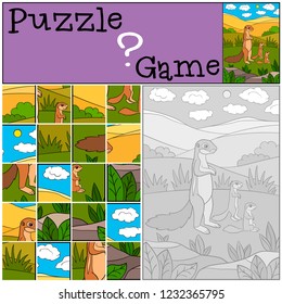 Education game: Puzzle. Mother xerus with her little cute babies xerus.