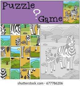 Education game: Puzzle. Mother zebra with her little cute baby.