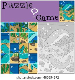 Education game: Puzzle. Narwhal family swims underwater.