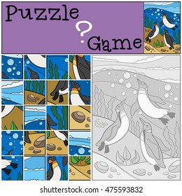 Education game: Puzzle. Three little cute penguins swim underwater and smile.