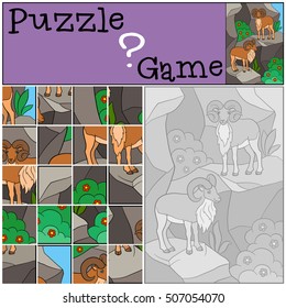 Education game: Puzzle. Two beautiful urials stand on the mountains and smile.
