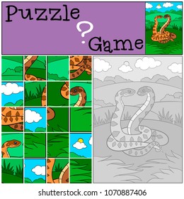 Education game: Puzzle. Two cute vipers smile.