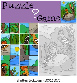 Education game: Puzzle. Two cute beautiful hoopoes sits and smiles.