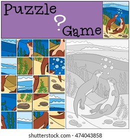 Education game: Puzzle. Two little cute otters swim in the river and smile.