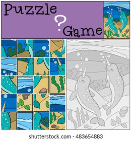 Education game: Puzzle. Two little cute narwhals swim underwater and smile.