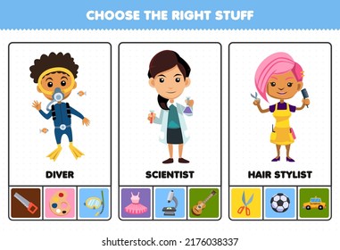 Education games for children choose the right profession stuff for cute cartoon diver scientist hair stylist printable worksheet