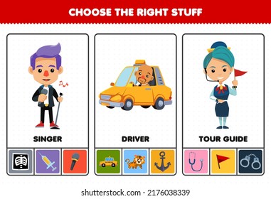 Education games for children choose the right profession stuff for cute cartoon singer driver tour guide printable worksheet