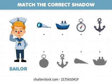 Education games for children match the correct shadow of set profession stuff for cute cartoon sailor printable worksheet