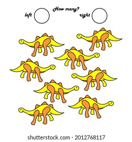 Education Games for kids. Left or right. Count how many dinosaurs go to the left and how many to the left. Write down the result. Vector illustration
