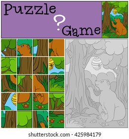 Education games for kids  Puzzle  Cute brown bear looks at the beehive in the forest 