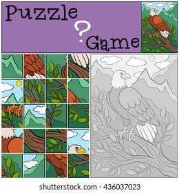 Education games for kids. Puzzle. Cute bald eagle sits on the tree branch and smiles.