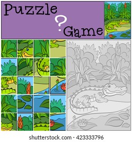 Education games for kids. Puzzle. Little cute alligator stands near the lake and smiles.