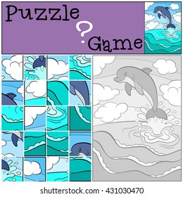 Education games for kids. Puzzle. Little cute dolphin jumps out of the water and smiles.